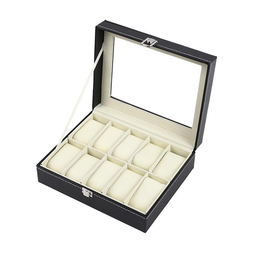 Schwarze Leder-Uhrenaufbewahrungsbox mit 12 Fächern und Perforationsmuster