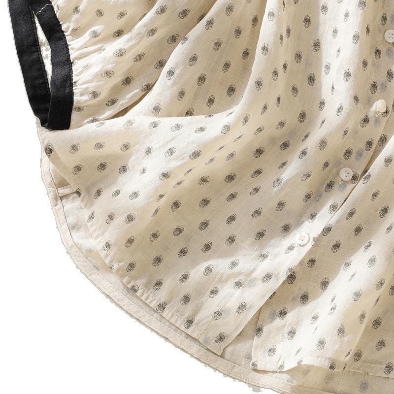 Real shot summer thin cotton and linen literary and retro printing contrasting color lapel shirt top women's clothing