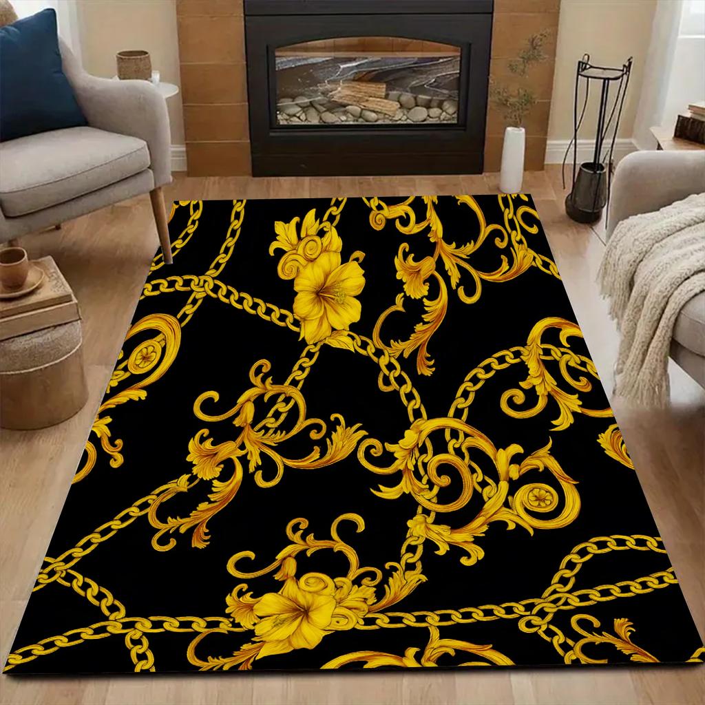 Light Luxury Black Gold Style Carpet Door Mat Bathroom Mat Custom photo Living Room Bedroom Sofa Carpet Non-Slip Floor Mat