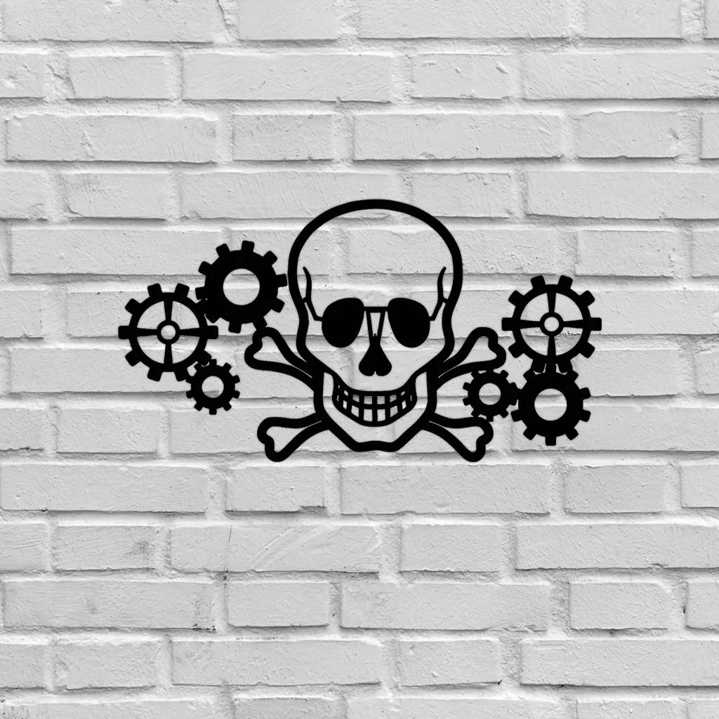 

Настенный декор «Черепа и шестерни» - Металлический шедевр для Хэллоуина, Интерьер дома с современным искусством и металлическим настенным подвесом чёрный