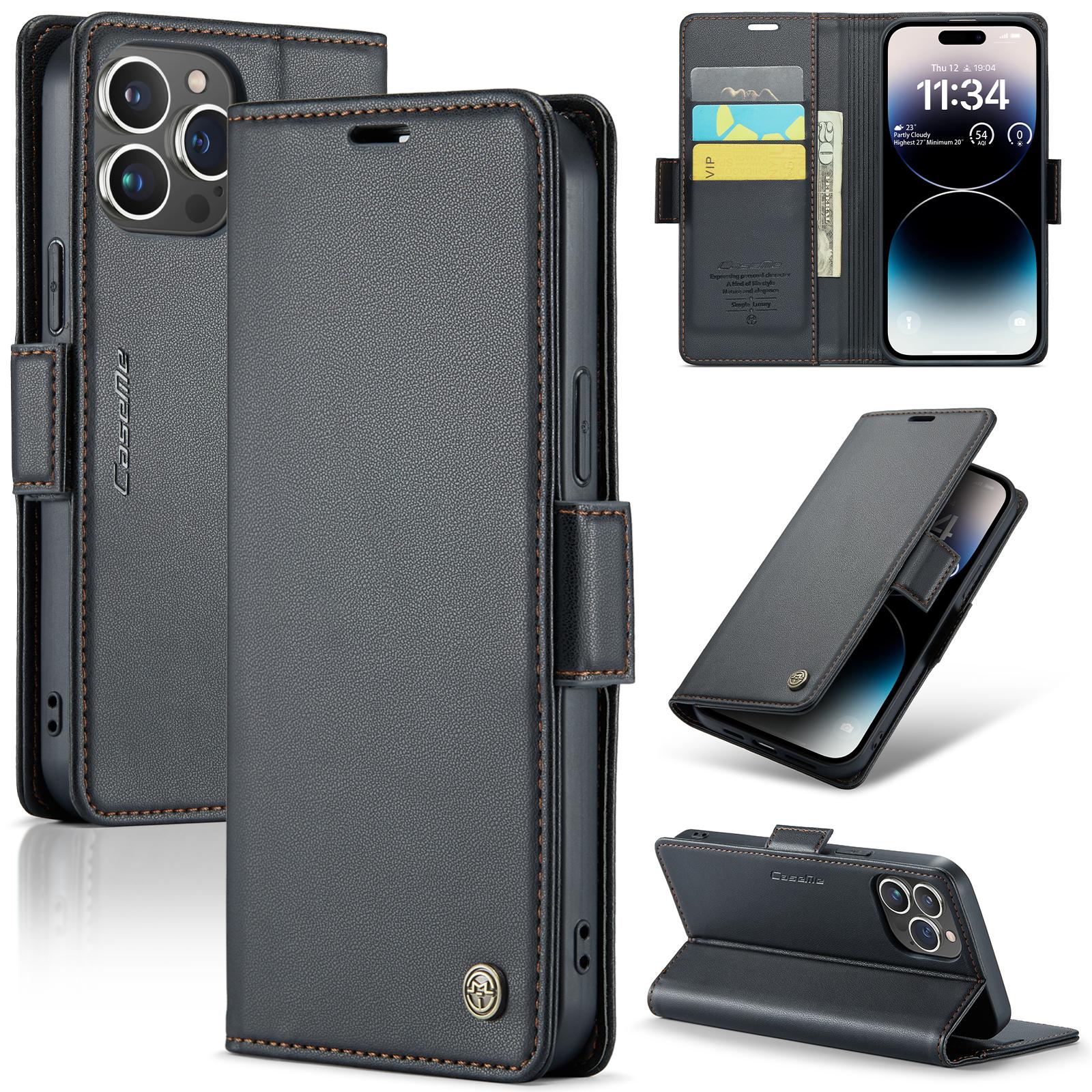 

CaseMe-023 Для iPhone 13/14/15/16/16e/17e /17 Pro Max Роскошный чехол из ПУ кожи Подставка Держатель для карт Кошелек Защитная оболочка For iPhone 13 чёрный