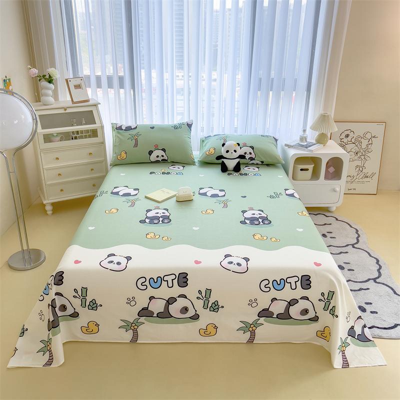 Cute Cartoon Panda Flat Sheet Kawaii Strawberry Bed Sheet Set For Girls Boys Room Decor, Cotton Twin Bed Cover With 2 Pillowcase