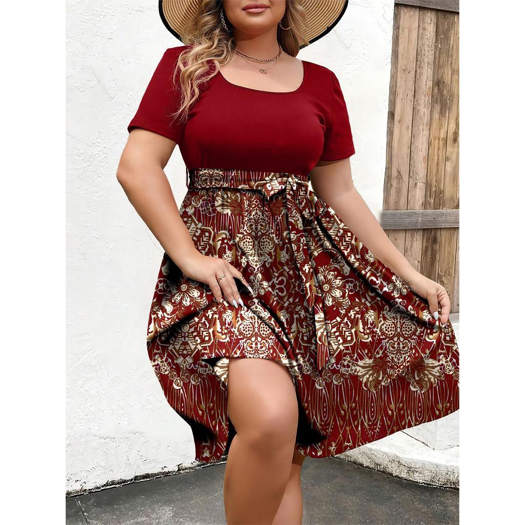 Damska Modna i Trendy Sukienka z Krótkim Rękawem i Okrągłym Dekoltem z Nadrukiem w Talii w Dużym Rozmiarze