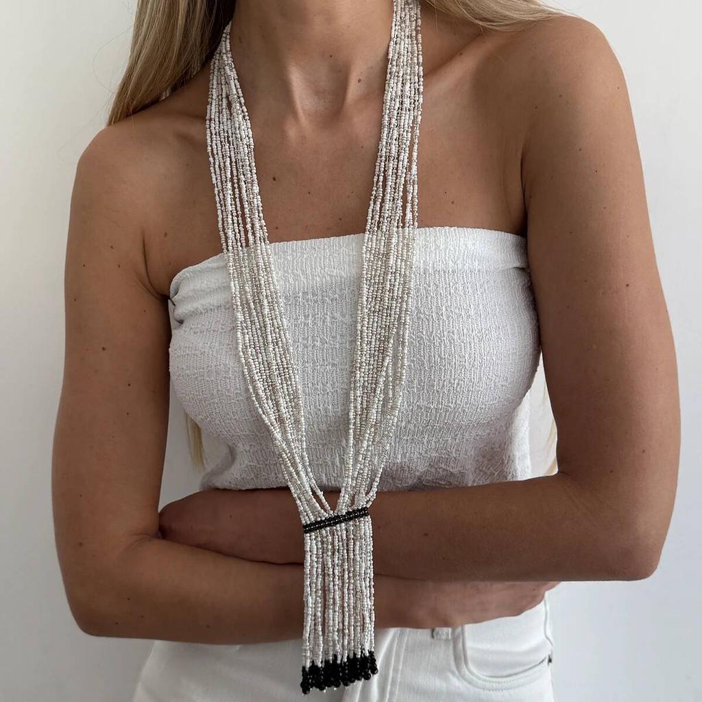 Salircon New Boho Multilayer Rice Beaded Necklace Women Exquisite Charm Long Crystal Chain Necklace Tassel Sweater Chain Jewelry