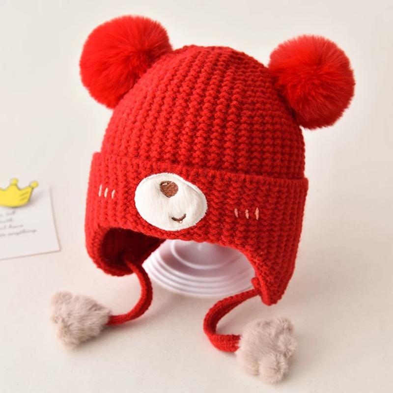 Baby Wool Hat For Boy Girls Cute Bear Ear Protection Hat Children Winter Thickened Warm Knitted Korean Cute Pompom Baby Hat