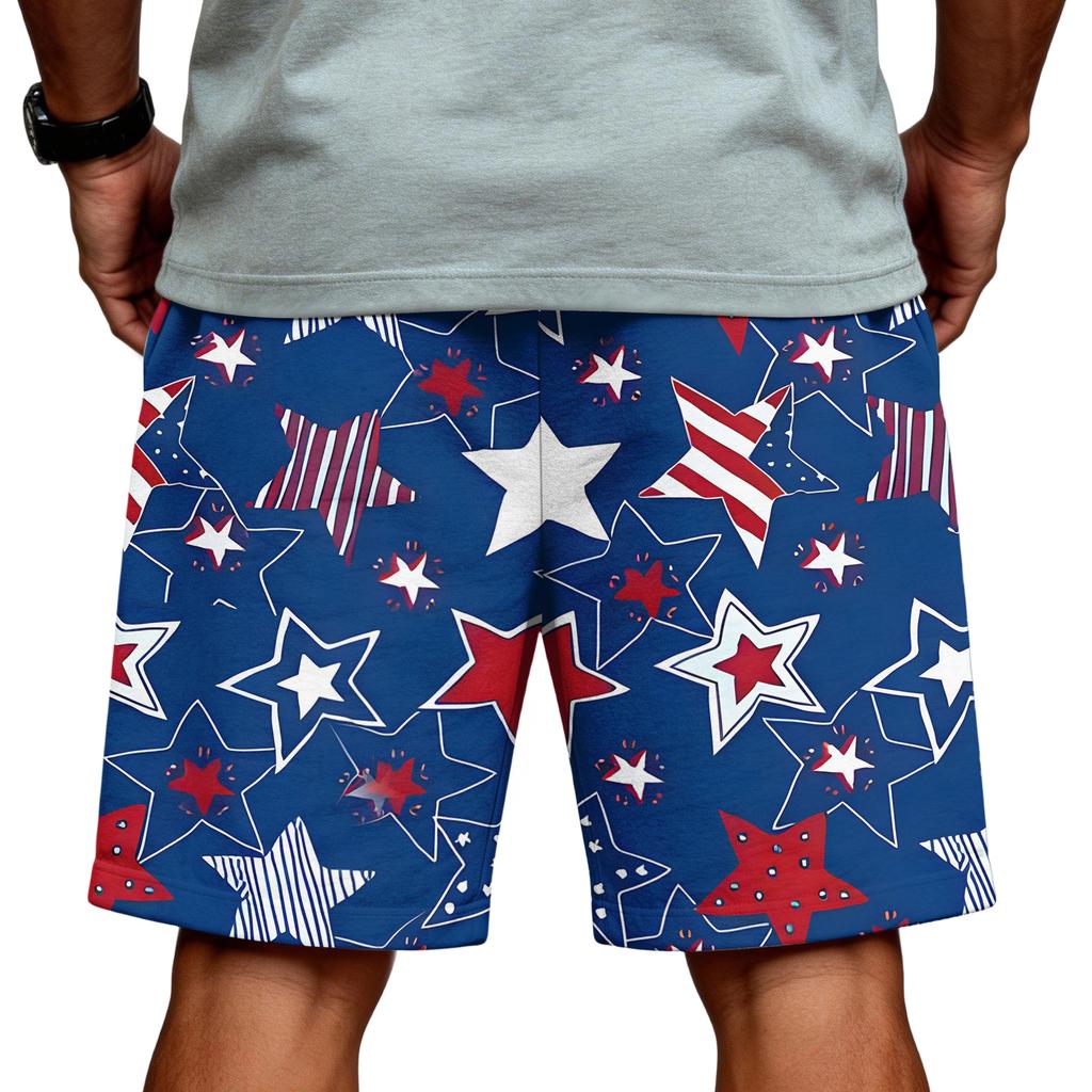 Men's Casual Drawstring Waist Shorts Lightweight Breathable Fabric Relaxed Fit Summer Beachwear with July 4th Fireworks Print
