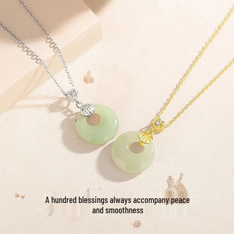 Tichiya S925 Sterling Silver Ping'an Buckle Necklace for Women - New Chinese Style Hetian Jade Clavicle Chain