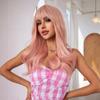 ALAN EATON Synthetic Wigs Long Wavy Hairstyle Pink Color Full Wigs with Bangs for Women Heat Resistant Fiber Wig