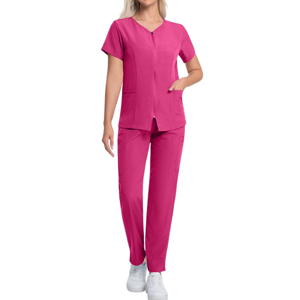 Women's Short Sleeved Color Round Neck Pocket Top Pants Work Clothes Two Piece Set