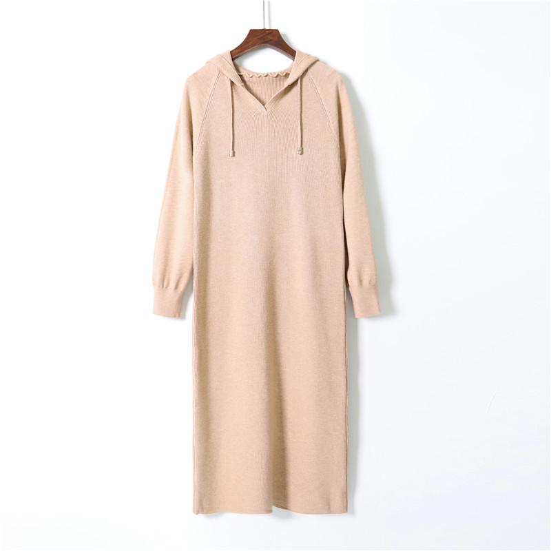 Langes Pulloverkleid mit Kapuze für Damen, solide, volle Ärmel, gerade, Schwarz, Aprikose, Khaki, Kaffeegelb