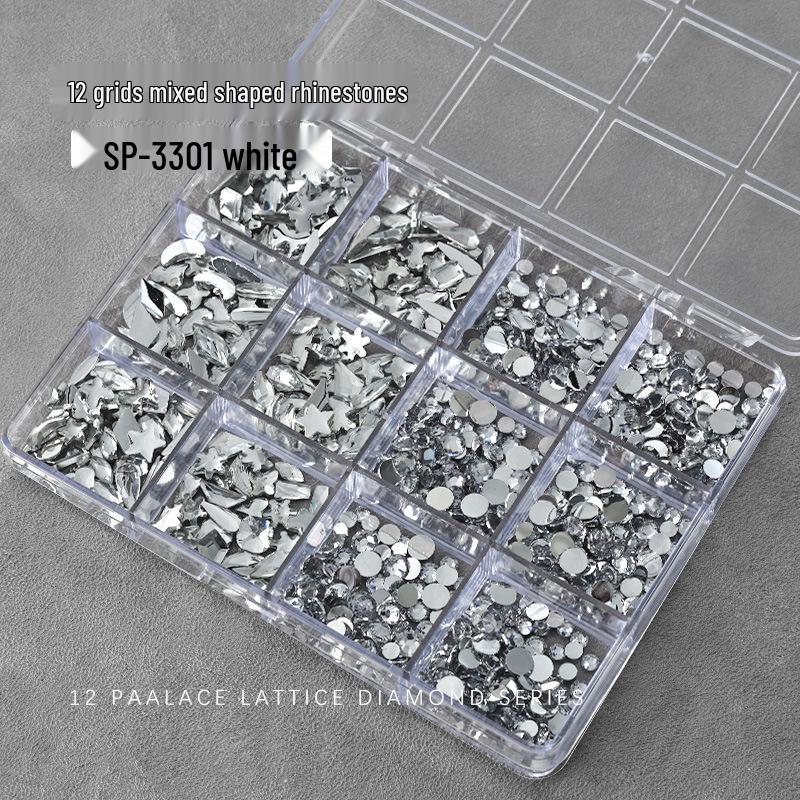 Nail Art Irregular Resin & Colored Rhinestones Set - Flatback, 12 Grids of Mixed Clear Diamonds