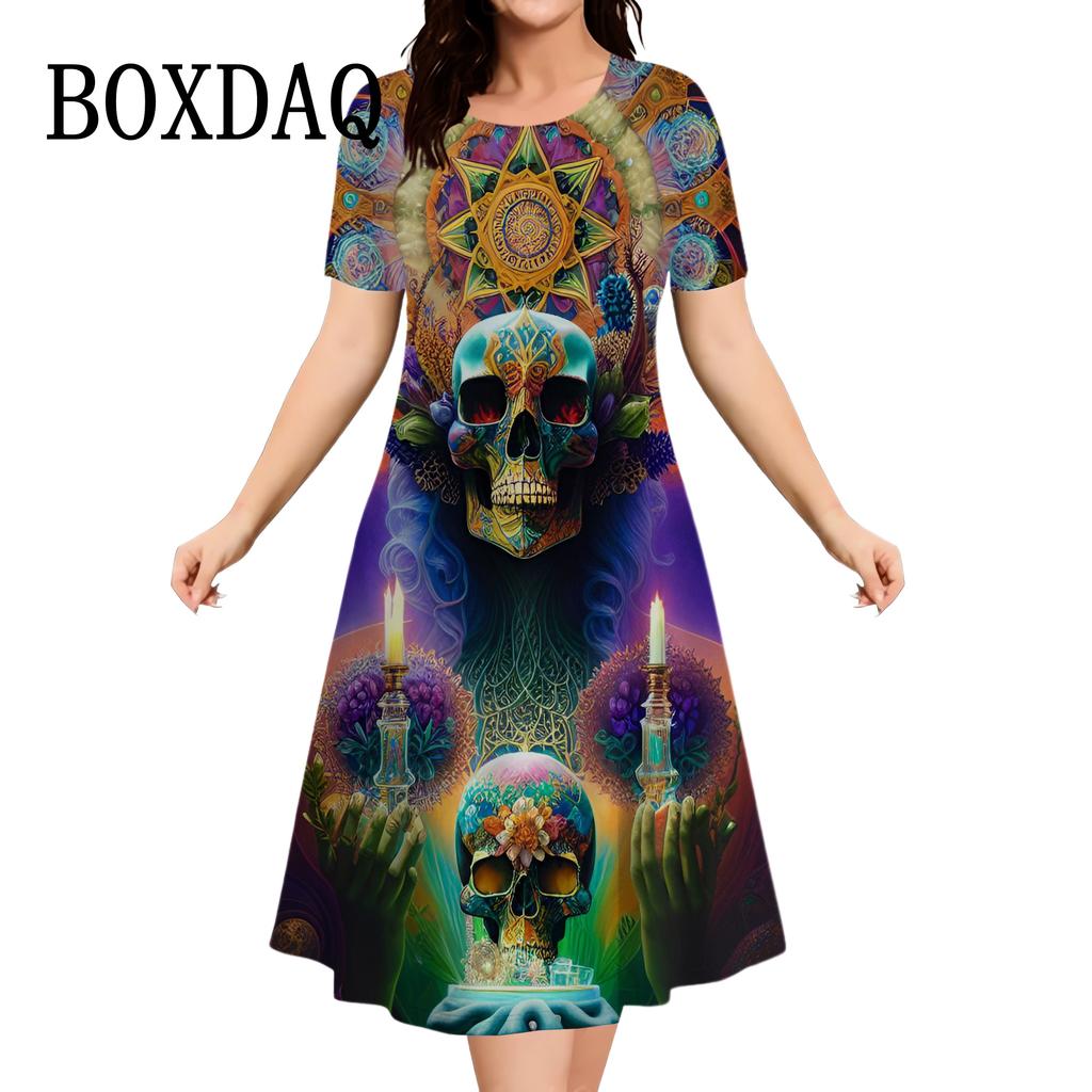 Vintage Skull Women Dress Fashion O-Neck Casual Short Sleeve Dress Summer Female Harajuku Punk Streetwear Clothing