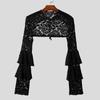 INCERUN Men Lace Up See Through Lace Crop Tops Club Party Mesh Short T-shirts