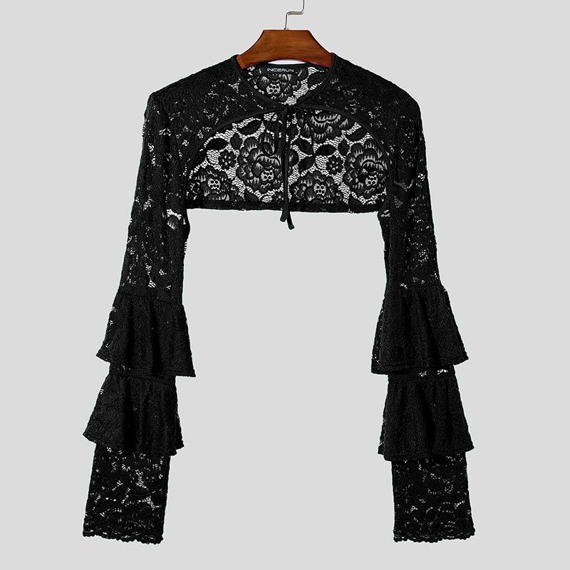 INCERUN Men Lace Up See Through Lace Crop Tops Club Party Mesh Short T-shirts