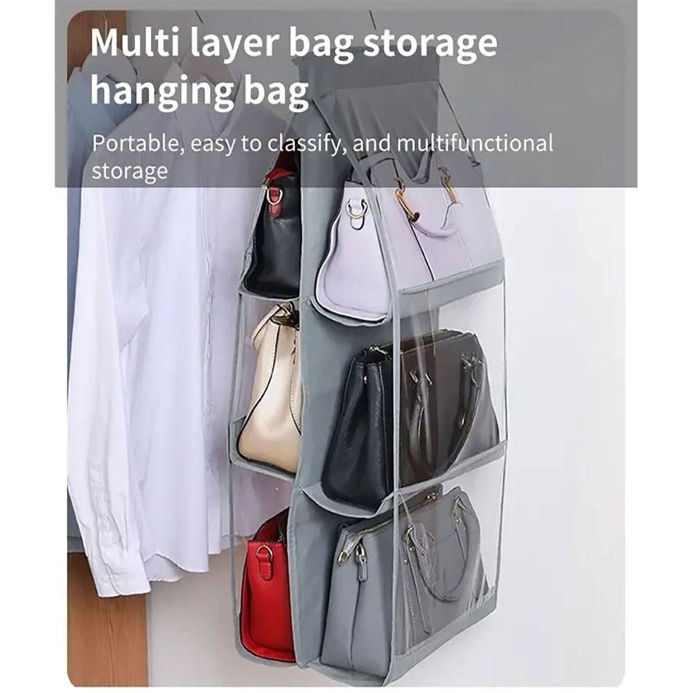 1Pcs Gray Hanging Handbag Organizer 6 Pockets Clear Sundry Bag New Storage Bag  For Wardrobe Closet