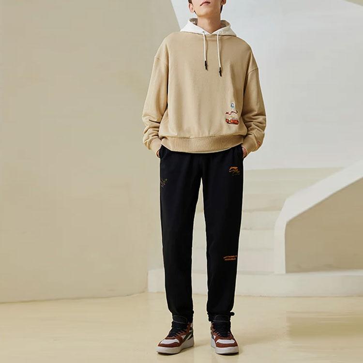 Li Ning Solid Color Loose Fit Embroidered Cuffed Knitted Sports Pants Men Bottoms Black AKLT611-3