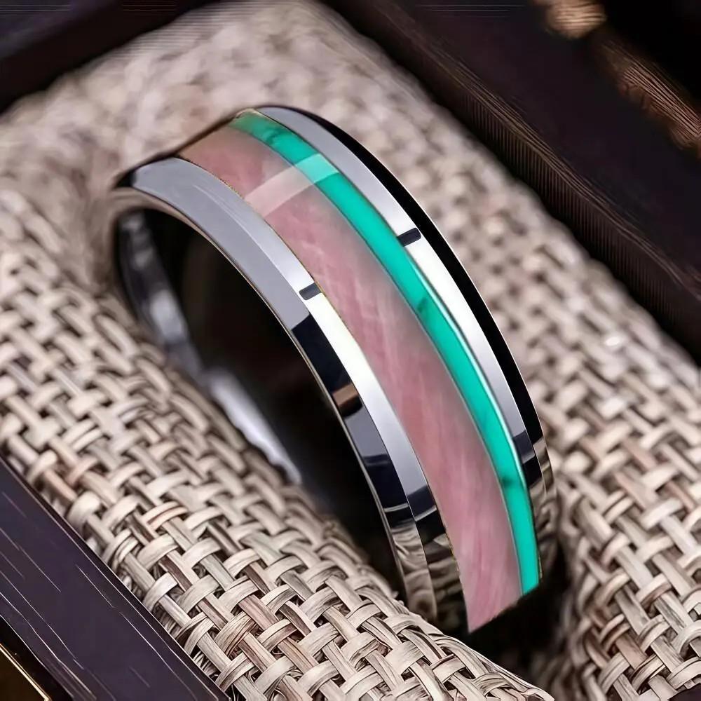 Fashion 8mm Men Stainless Steel Ring with Turquoise and Pink Abalone Shell Inlay Rings for Men Women Wedding Jewelry Drop Ship
