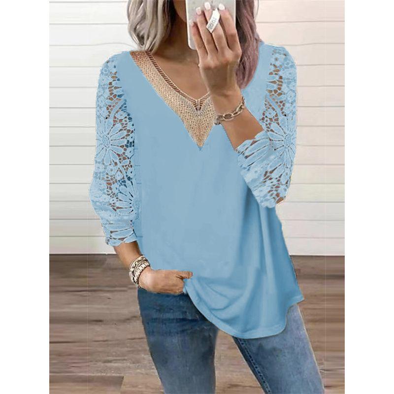 V-neck Patchwork Hollow Lace Sleeve TOPV Collar Patchwork Cut Out Lace Sleeve Tops