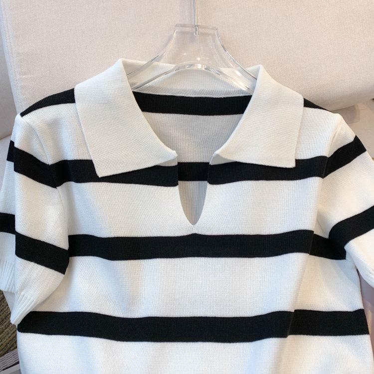 Damen Gestreiftes V-Ausschnitt Kurzarm Eisseide Stricktop