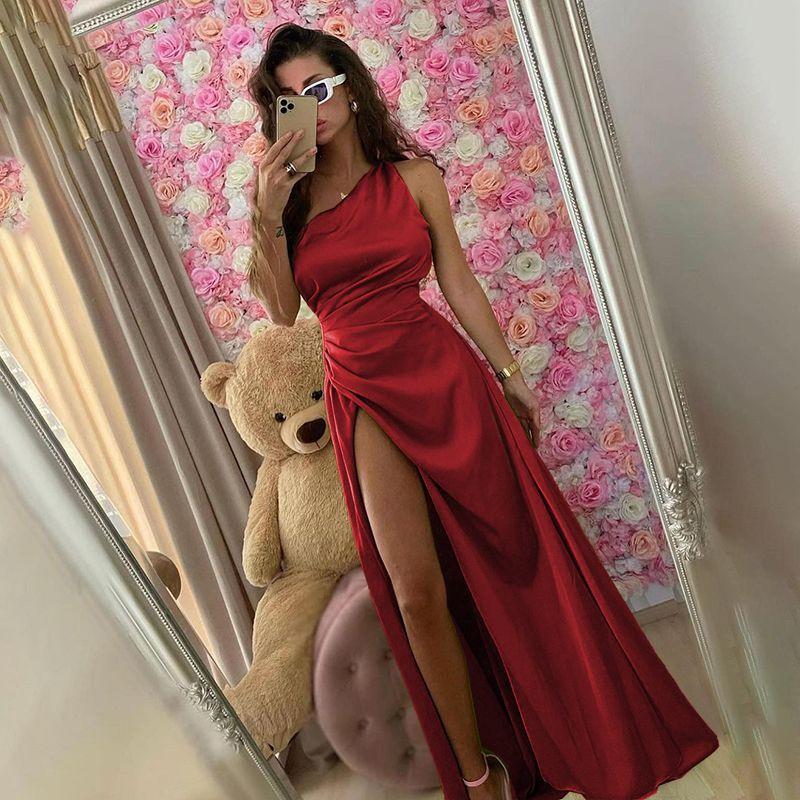 Western Style Elegant Socialite Sexy Split Dress Women Pleat Slimming Slim fit Outer Wear Banquet Evening dress Long dress