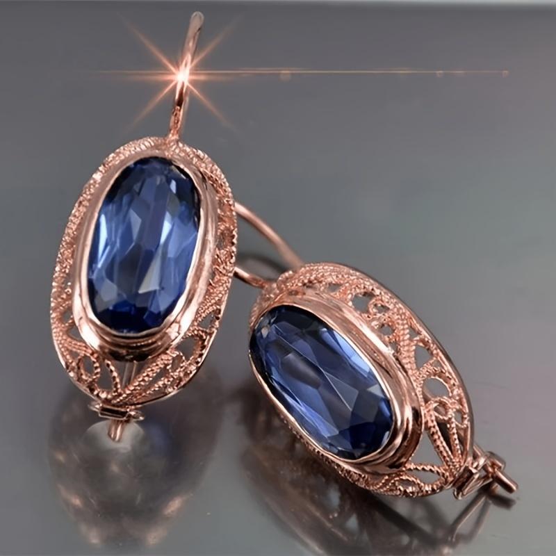 Exquisite Sparking Oval Red/Blue Synthetic Zirconia Dangle Earrings for Women Rose Golden Plated Banquet Wedding Jewelry Crafts
