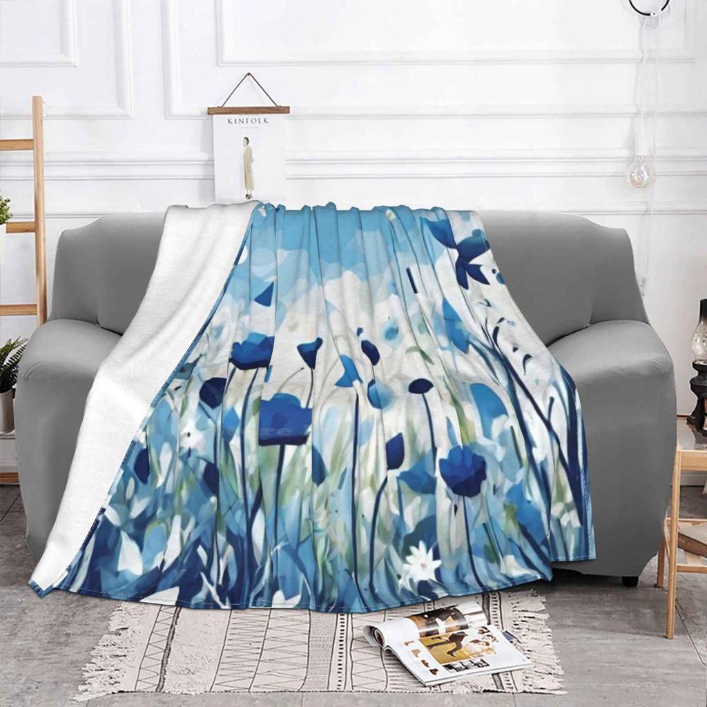 White And Blue Flowers , Abstract And Shapes Pattern Four Seasons Comfortable Warm Soft Blanket Blue And White Colour Flowers
