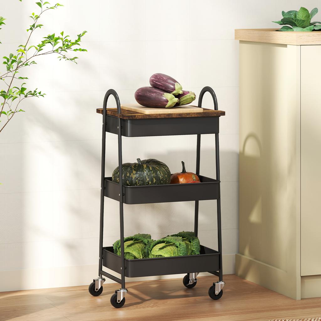 3 Tier Kitchen Storage Trolley With On Wheels Cover Top Board Rustic Brown And Black