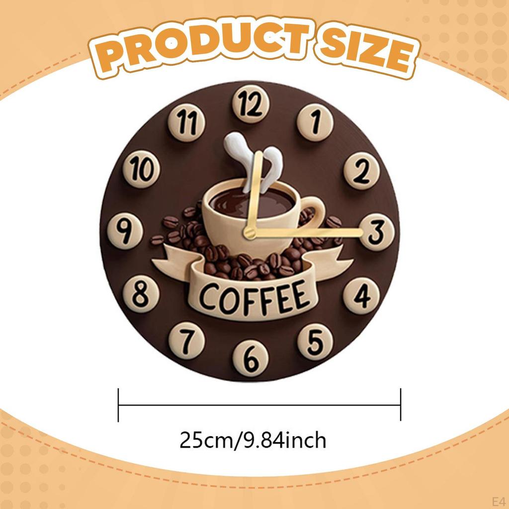 Coffee Cup Wall Clock Hanging Decor 2D Ornament Farmhouse Collection Wooden Quiet for Kitchen