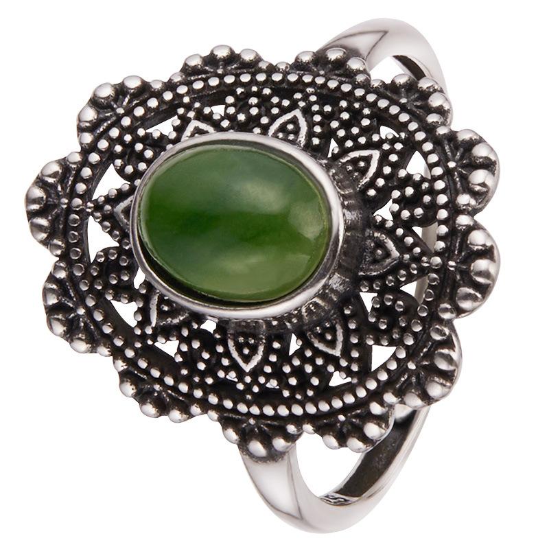 S925 Sterling Silver Retro Thai Silver Colored Treasure Ring Female Court Hollow Pattern Multi-Colored Natural Gemstone Index Finger Ring