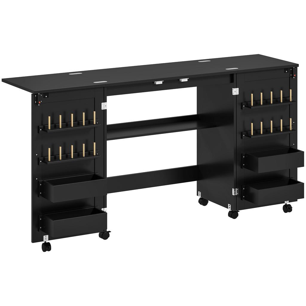 Folding Sewing Table on Casters, 2 Magnetic Doors, 4 Trays, 20 Hooks, 160 x 40 x 83 cm, Black