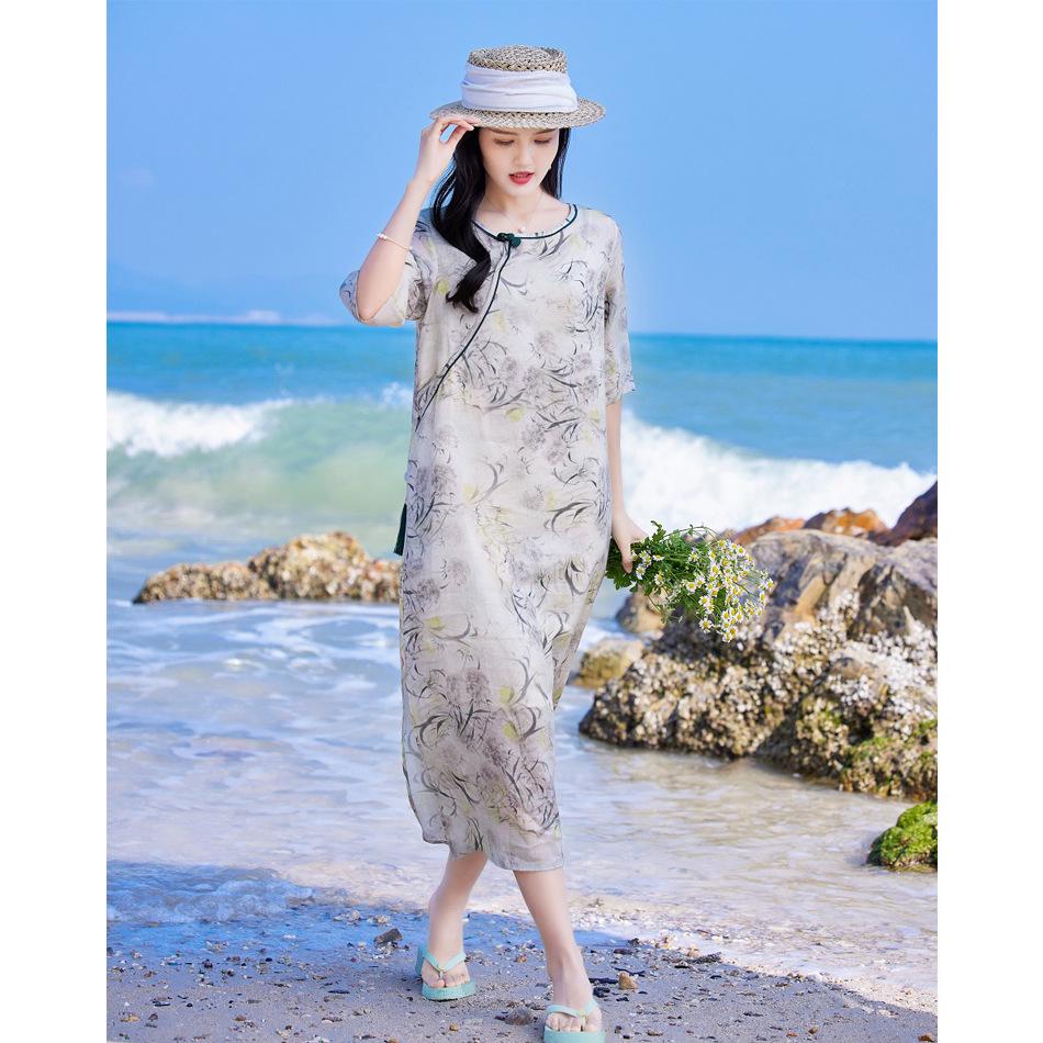 

2022 Легкое женское платье из рами с принтом в китайском стиле, рукава средней длины Large