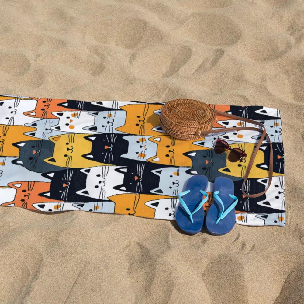 1Pc Cute Splicing Cats Print Beach Towel Quick-Drying Towel Super Absorbency Suitable For Seaside Pool Camping Vacation And Pool