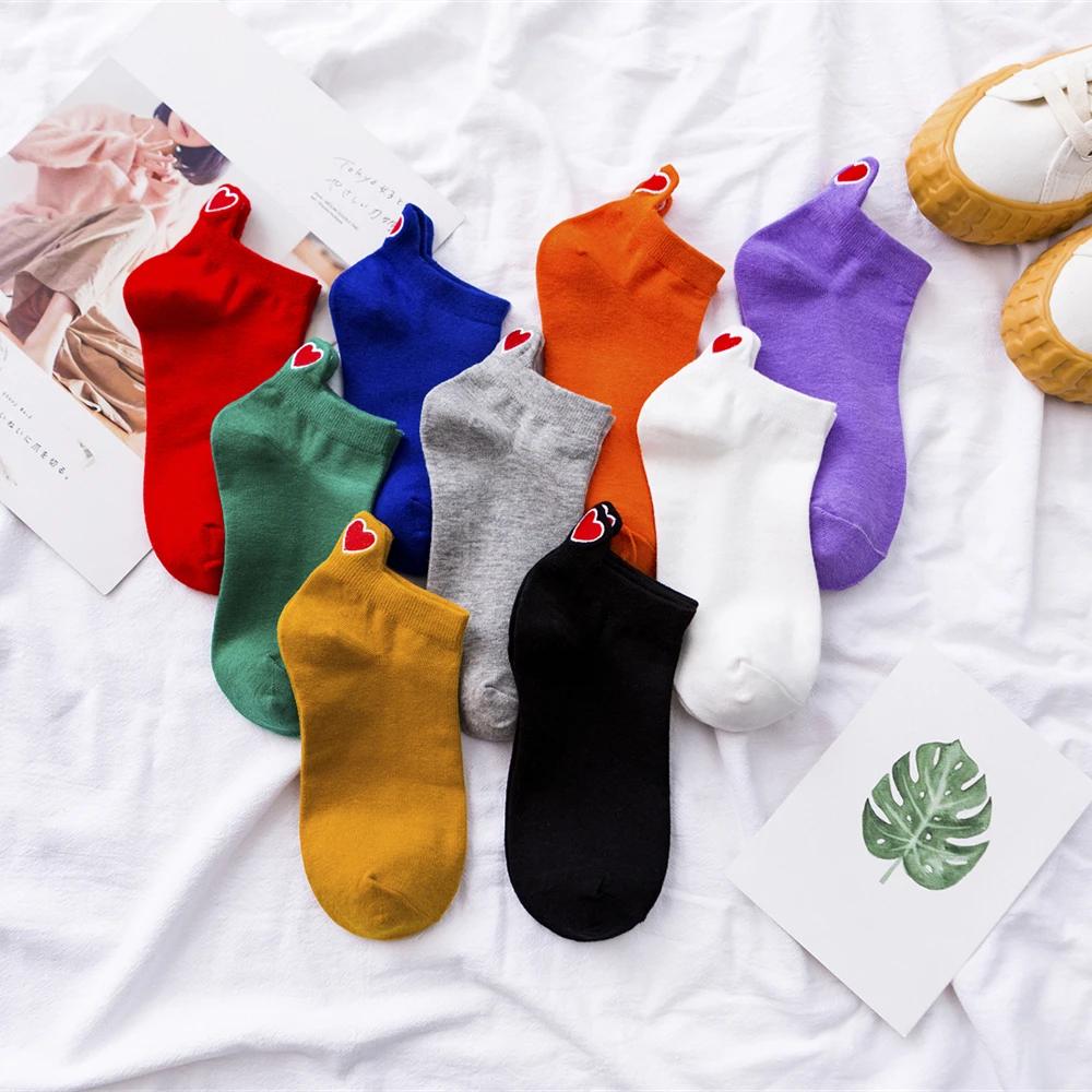 New Women's Summer Spring Cartoon Cotton Funny Embroidery Red Heart Socks Cute Girls Colorful Short Ankle Sokken Dropship
