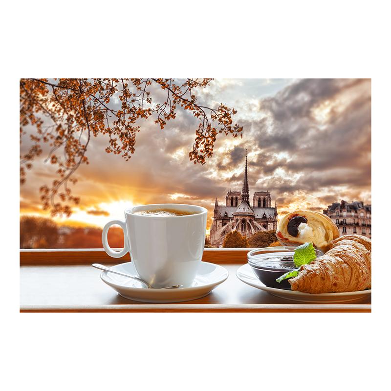 

Чашка кофе с круассанами и клубничным джемом на фоне Эйфелевой башни в Париже. Настенный рисунок на холсте. Постер и принты для украшения гостиной. 50x70cm