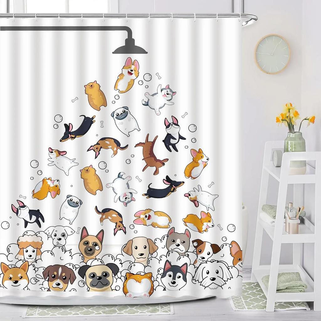 Cartoon Animal Shower Curtain with Funny Cat and Dog Paws Cute Kids Shower Print Family Bathroom Decoration with Hooks