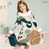 Girls Long Sleeve Faux Fur Collar Abstract Printed A Line Flared Dress With Waist Bow