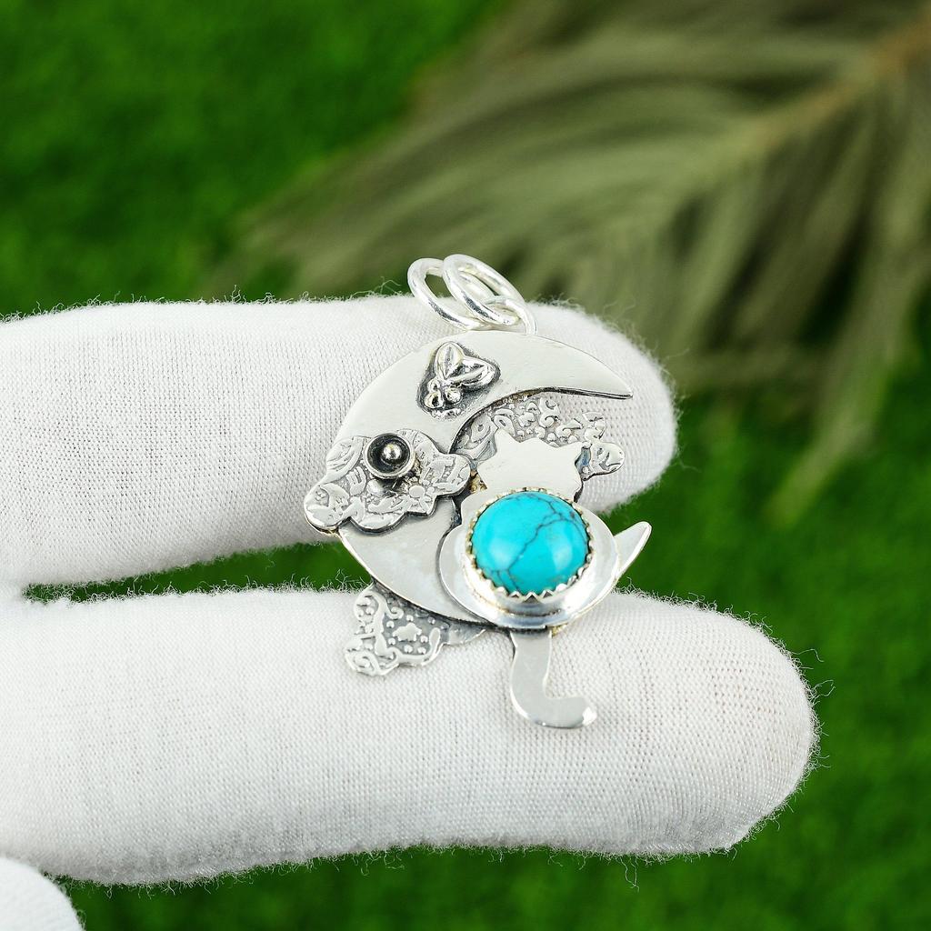 925 Sterling Silver Round Santa Rosa Turquoise Stone Boho Wedding Ethnic Pendant