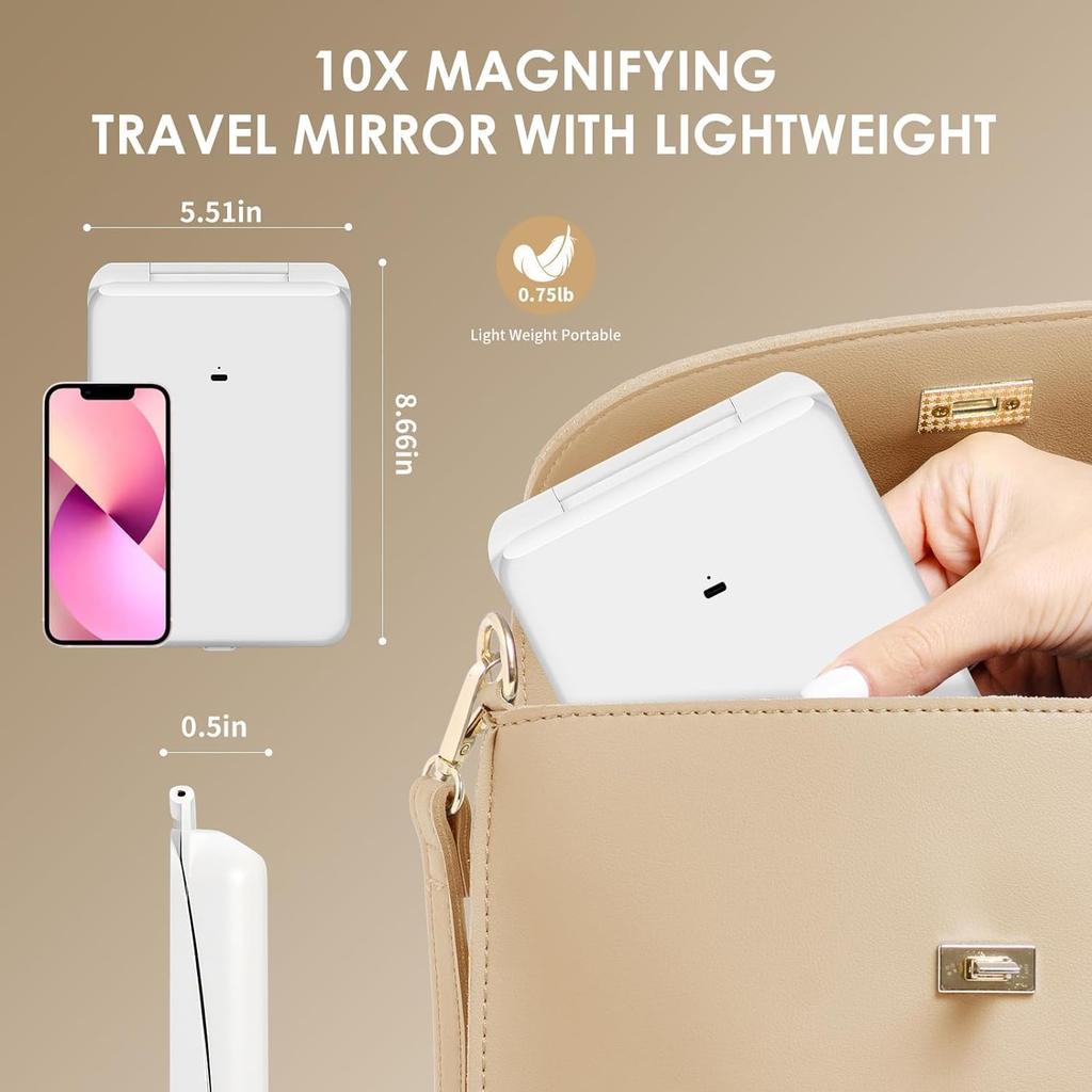 FATBEE 10X Magnification Rechargeable Makeup Mirror for Travel, Makeup Mirror with 80 LED Lights, 3 Color Lighting, Dimmable Touch Screen,Portable