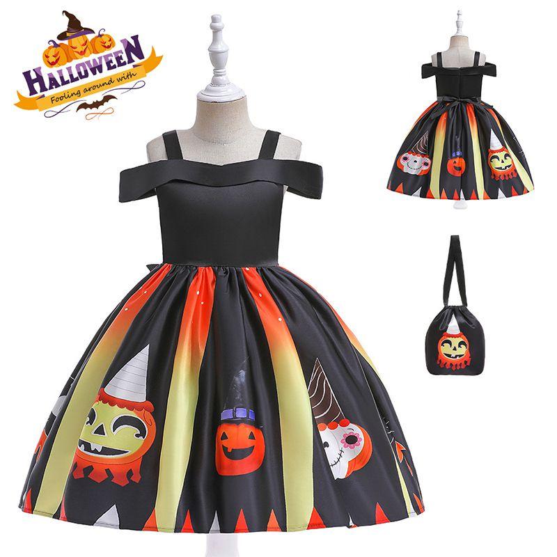 Silky And High Quality Halloween Costume Dress With Pumpkin Bag For Children