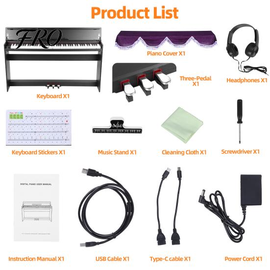 Piano Eléctrico con Soporte 88 Teclas Digitales Triple Pedal Compatible con Bluetooth y USB MIDI, Teclas Sensibles al Tacto, Jack Inteligente para Auriculares, Pantalla LED,
