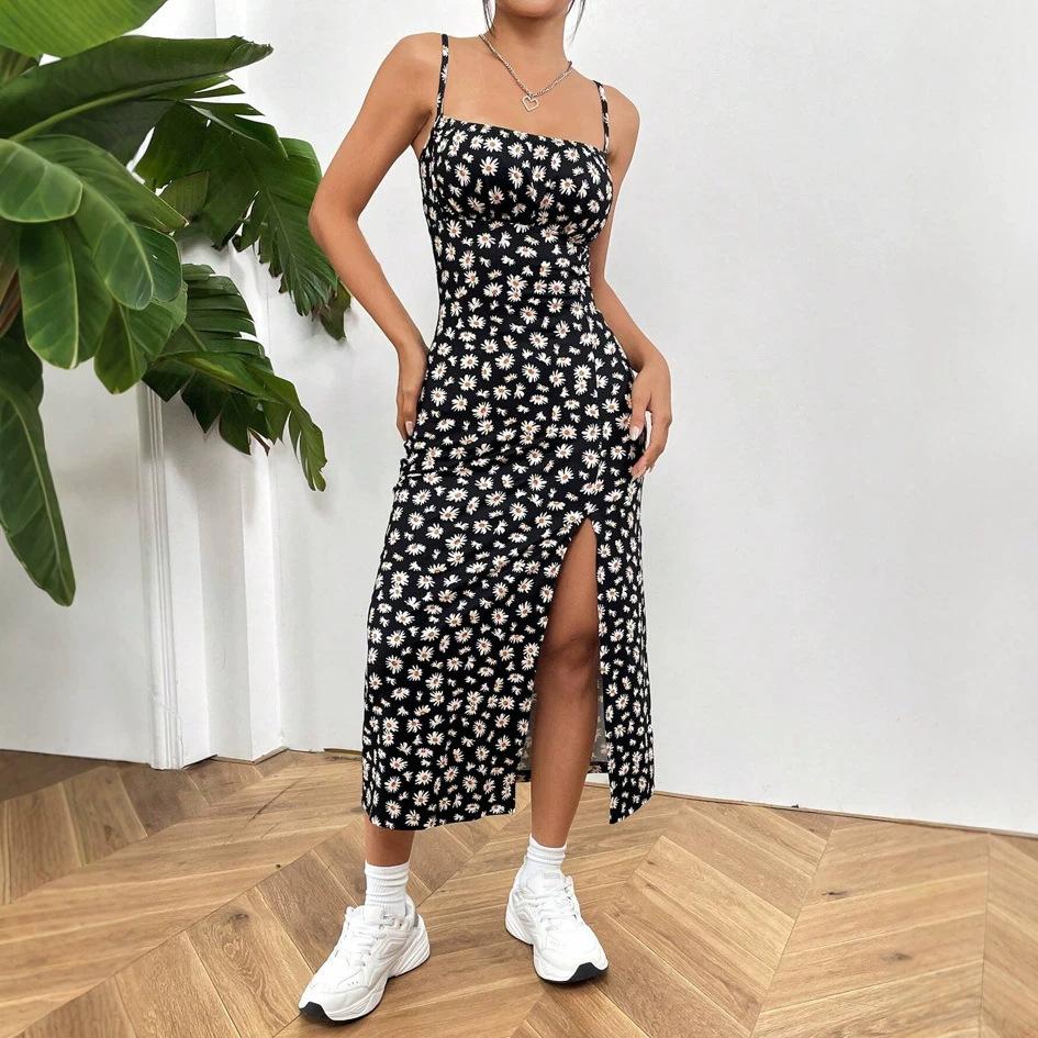 European and American women's clothing spring and summer suspender high slit small daisy print chest wrap dress