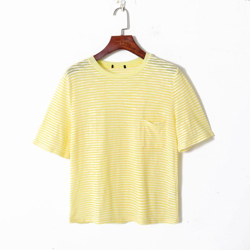 

Одежда Мода K-стиль Полоска смешанных цветов Пуловер с круглым вырезом Короткий рукав Свободного кроя Легкий Тонкий Просвечивающий Легче всего сочетать Футболка Huang Stripes M