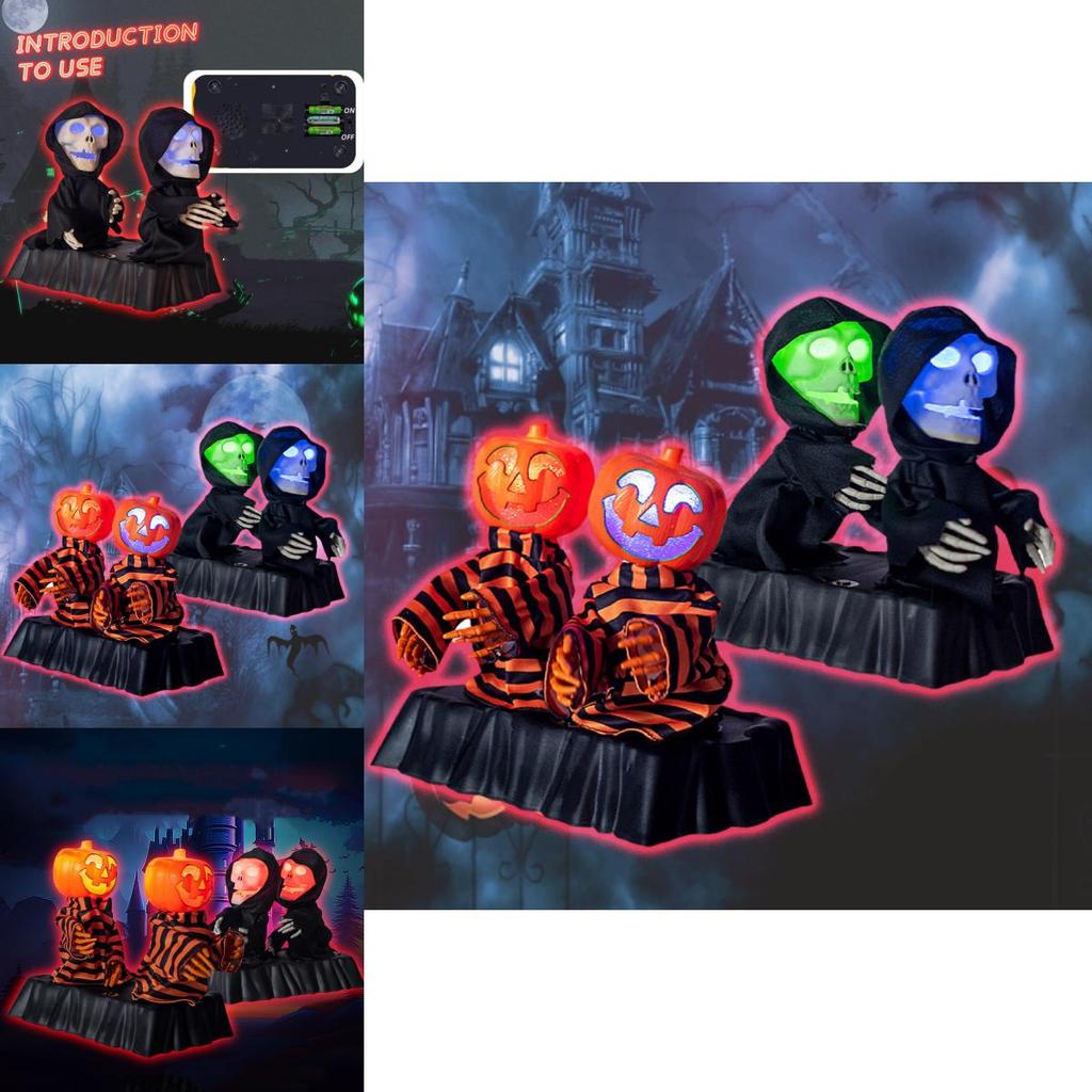 Colorful Light-up Pumpkin And Skeleton Duo Animated Sound Effects Halloween Decor