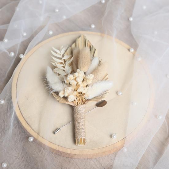 Gold Wheat Wedding Boutonniere Preserved Artificial Flower Lapel Pin for Groom Groomsman Rustic Floral Corsage for Wedding Party