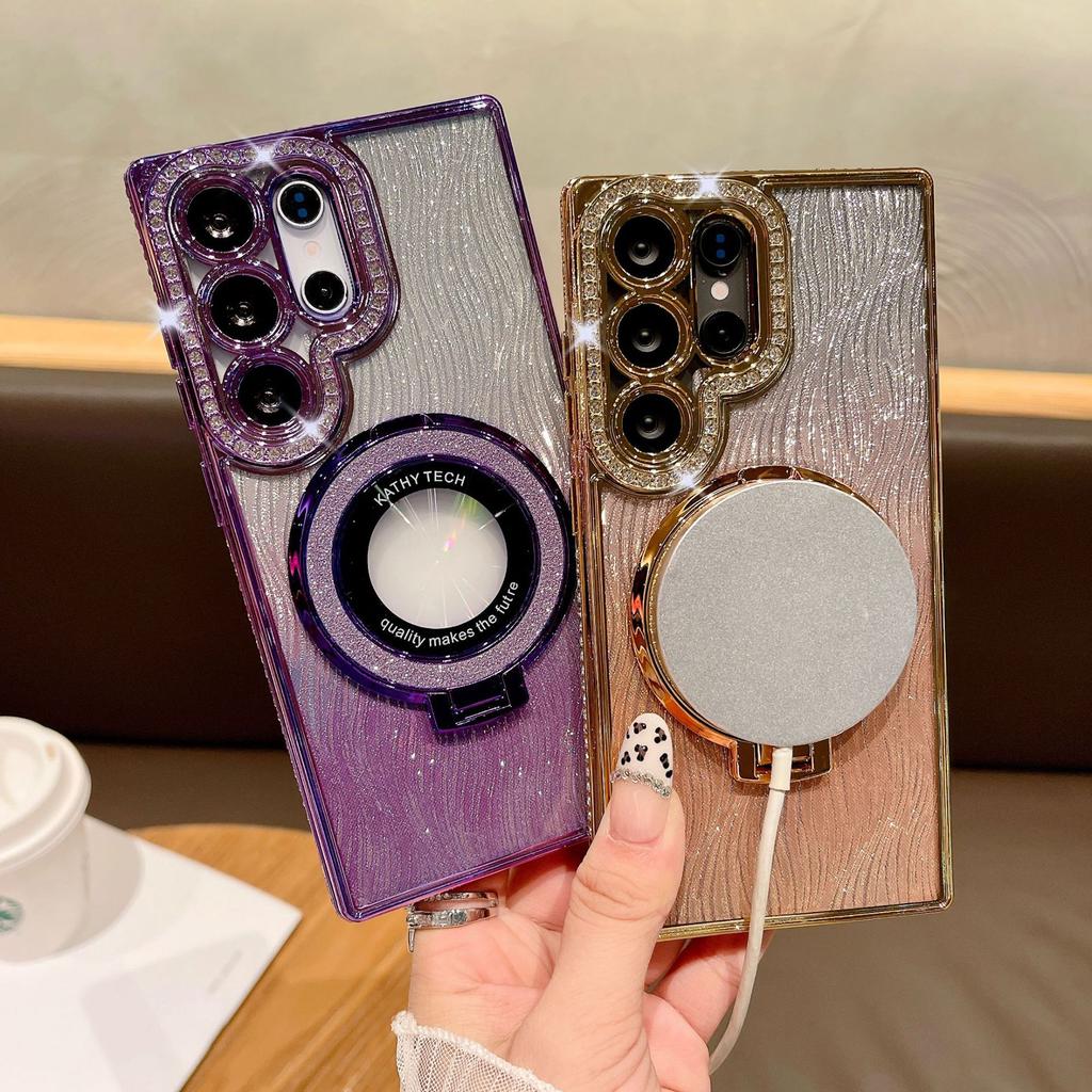 Rhinestone Gradient Shimmer Powder Water Ripples Suitable for Samsung S25 Ultra Mobile Phone Case Magnetic Suction Bracket S24P Electroplating A06