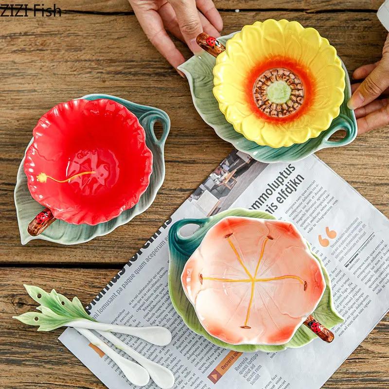 Creative Flower Mug European Couple Afternoon Tea Coffee Cup Saucer Set Home Office Ceramic Tea Cup Drinking Set Wedding Gift