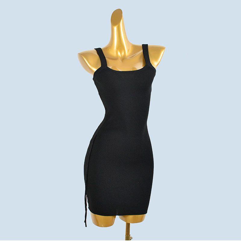Knitted Sling Dress Women's Spring Summer Sexy Square Collar Collarbone Drawstring Slim fit Sheath Show Figure Vest Long dress