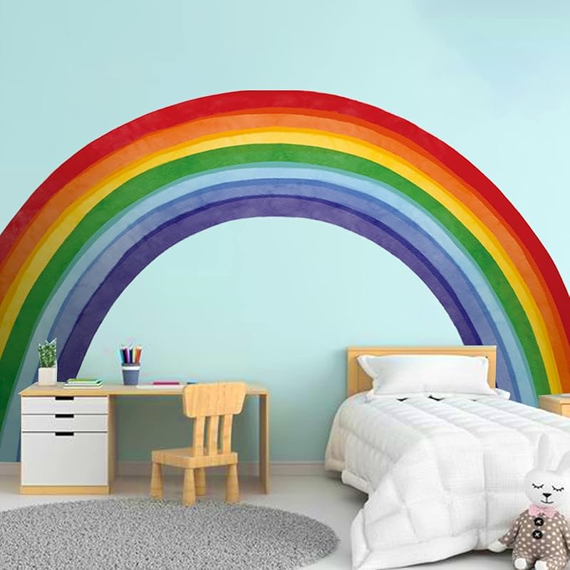 Fabric Large Rainbow Wall Decals Peel and Stick, Precut Original Hand Drawn Colorful Vigor Watercolor Full Rainbow Wall Sticker Decor for Kids