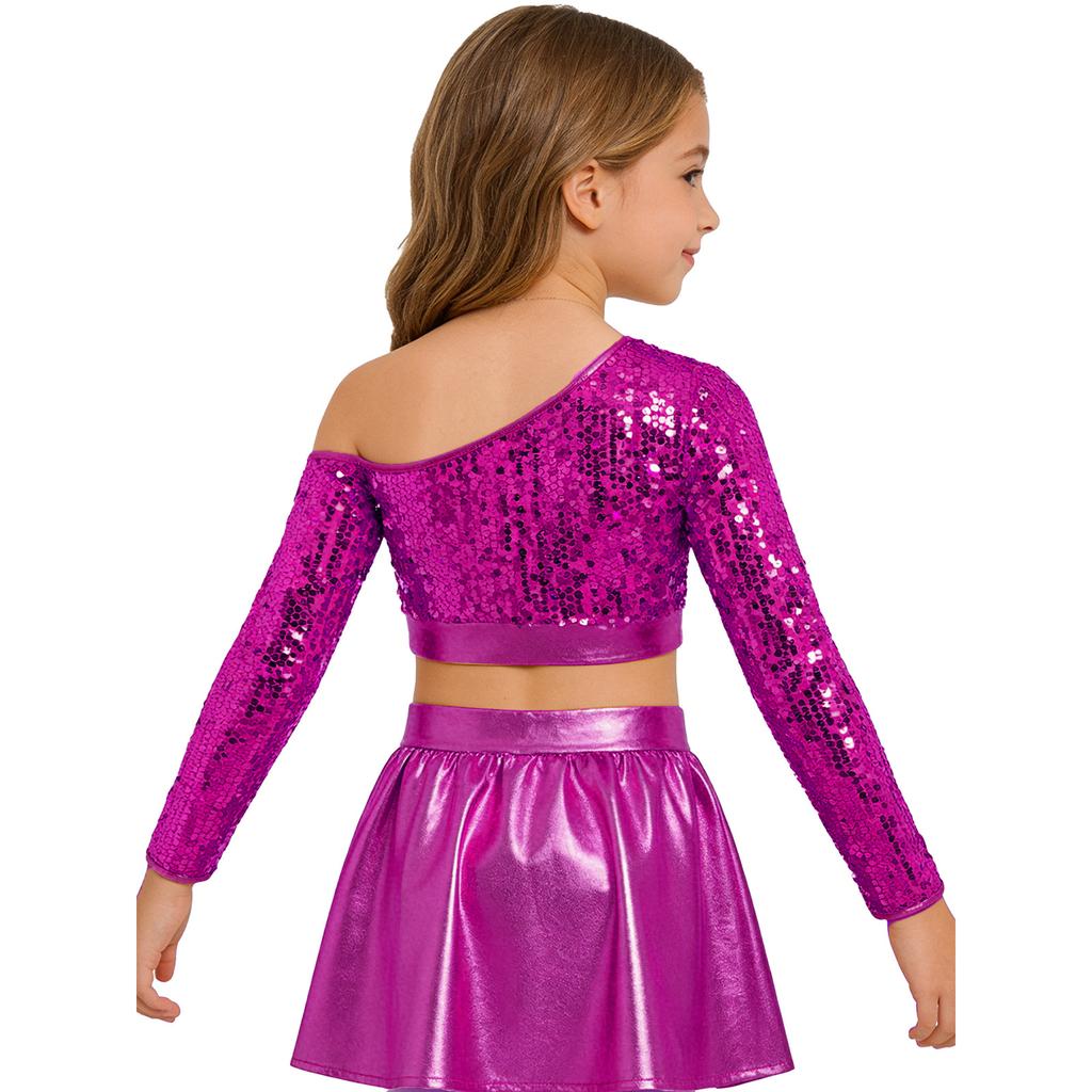 Girls Jazz Dance One Shoulder Long Sleeve Sequins Top Performance Competition Costume