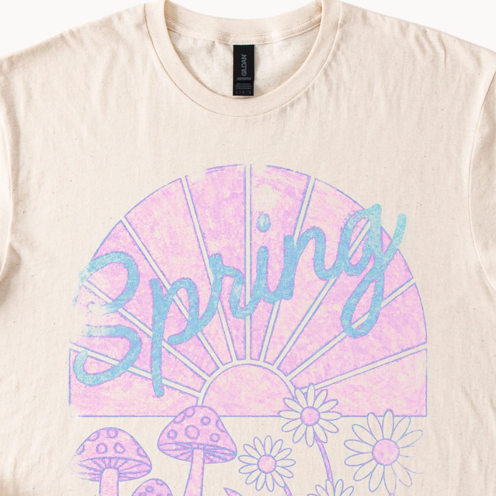 Spring Time Graphic T Shirt Retro Sun Flowers Mushrooms 100